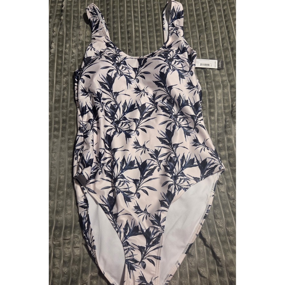 Nicole Miller Studio One Piece Swimsuit Floral White Blue Padded Cup Large NWT